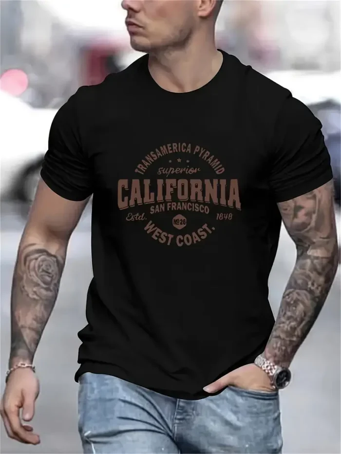 CALIFORNIA Letter Print, Men's Crew Neck T-shirt