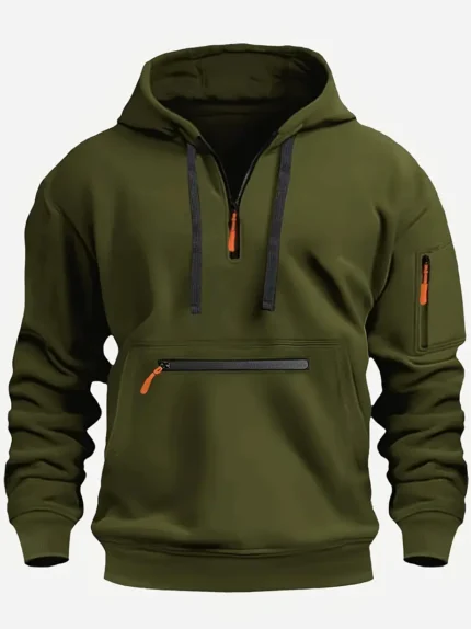 Army Green Men's Half-Zip Design Casual Hooded Sweatshirt With Kangaroo Pocket
