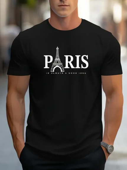 Men's Paris Eiffel Tower Casual Crew Neck T-shirt (Black)