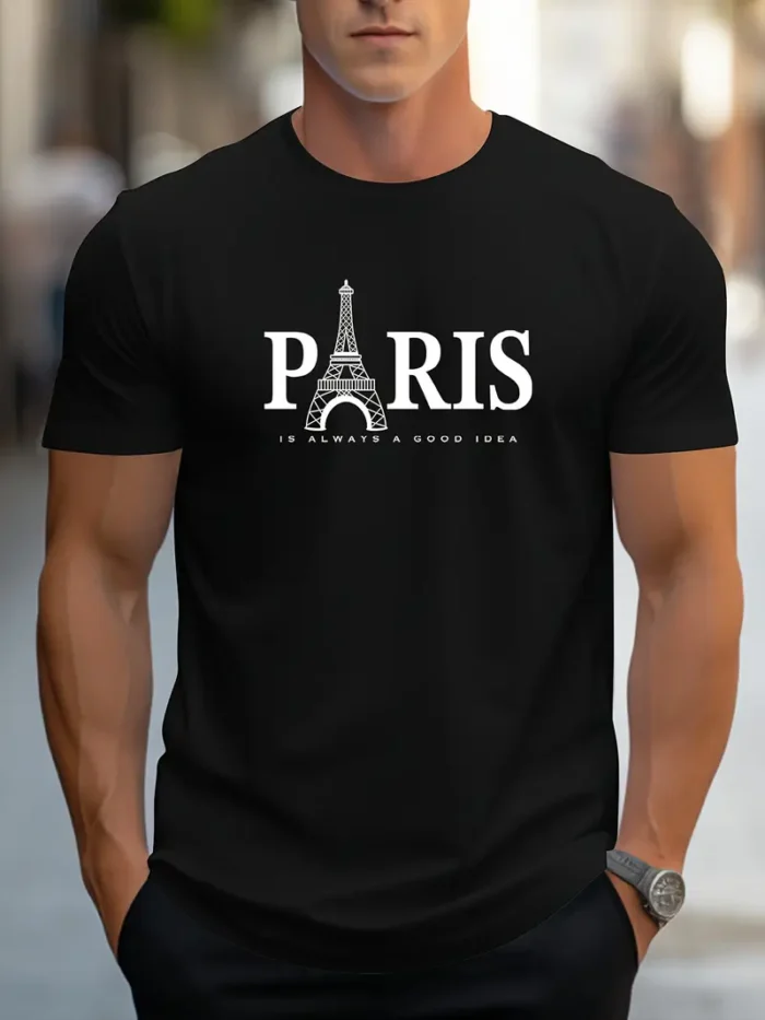 Men's Paris Eiffel Tower Casual Crew Neck T-shirt (Black)