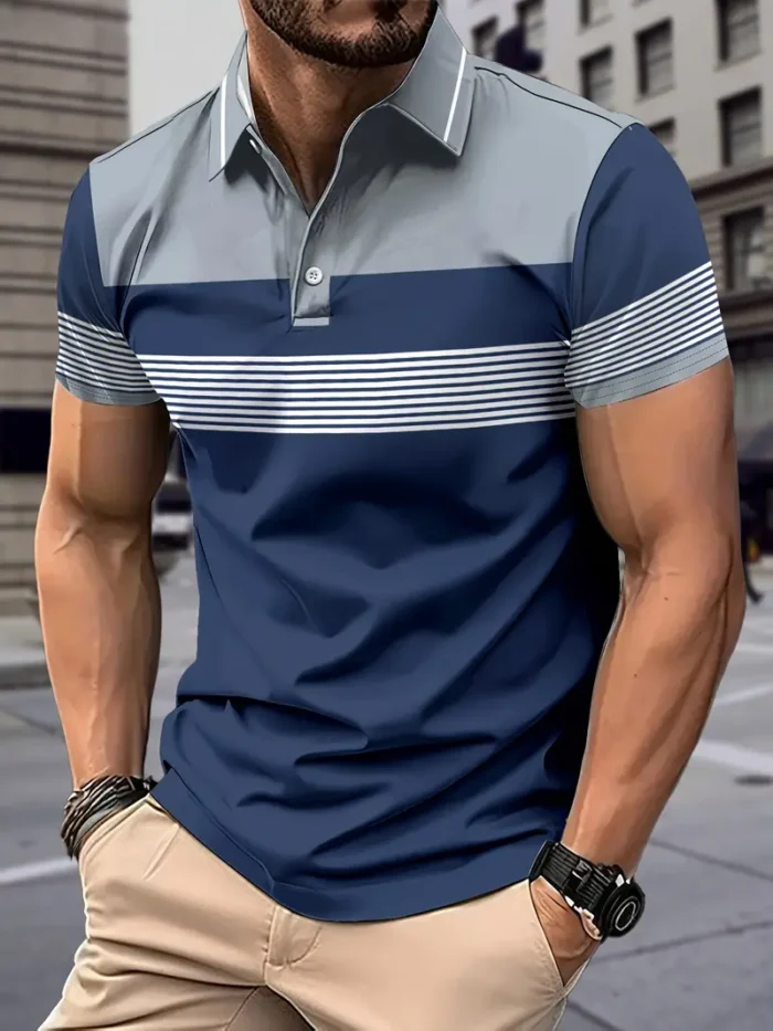 Men's Color Blocking Stripes Print T-shirt - Peacock Blue